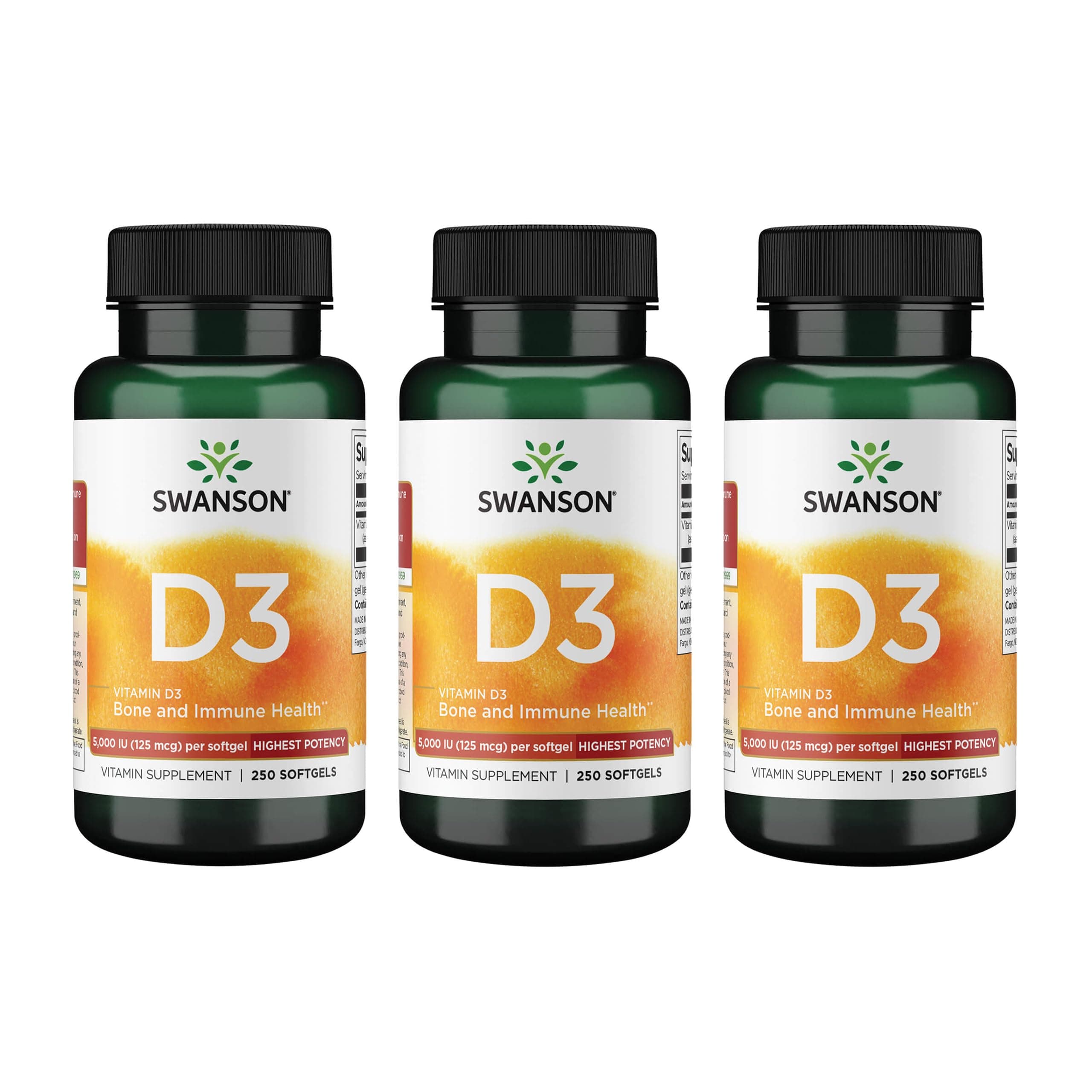 Swanson Vitamin D3 - Vitamin Supplement Promoting Bone Health & Immune System Support - Natural Support for Calcium Distribution & Absorption - (250 Softgels) 3 Pack